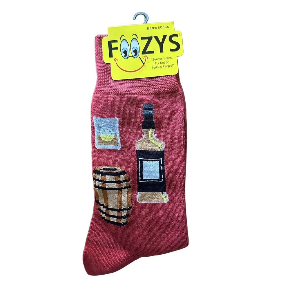 NWT Foozys Red Novelty Whiskey Barrel Beverage Theme Socks Mens One Size